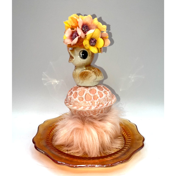 Unbranded Other - Vintage Mini Ceramic Chick Flower Hat Faux Fur Orange Carnival Glass Plate OOAK